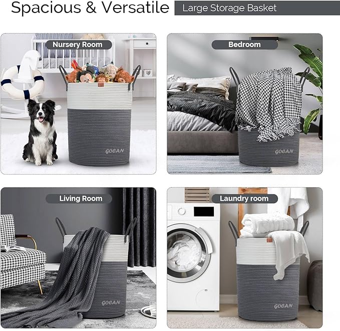 large tall sturdier Laundry Hamper Basket Woven Storage Baskets for clothes Pillows Blanket Toy in living or bed room decoration H50XD38cm grey/beige