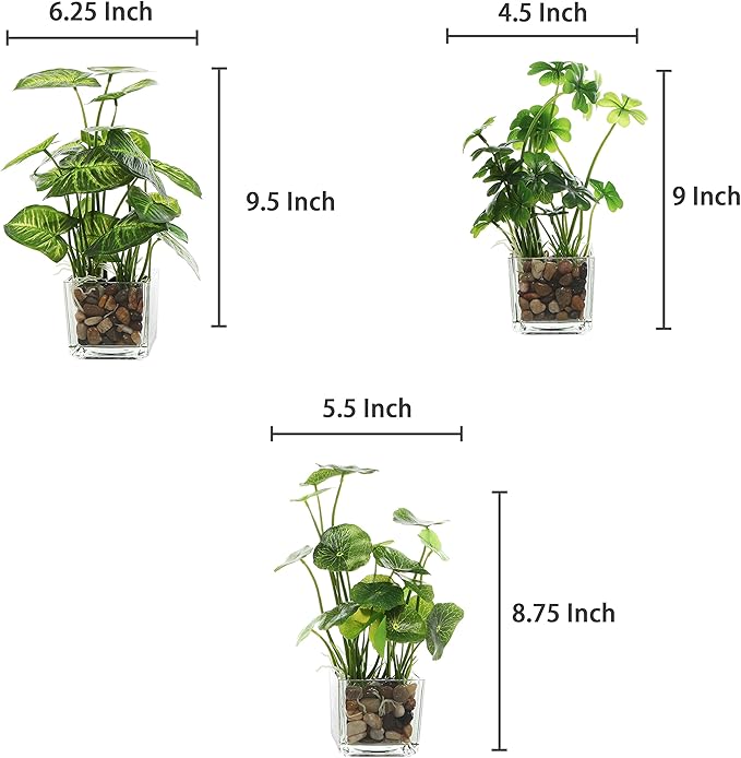 MyGift Set of 3 Fake Plants, Small Artificial Potted Plants Indoor in Clear Glass Pot, 9.5 Inch Faux Plant for Home Decor