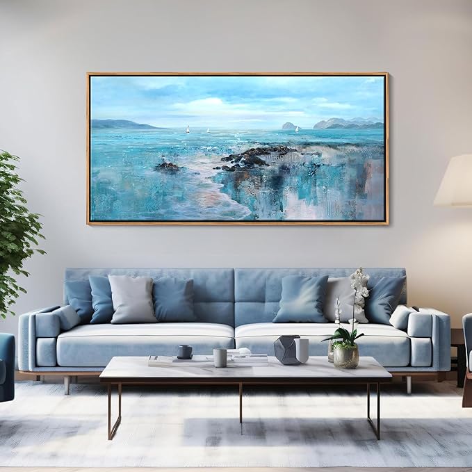 Large Framed Canvas Wall Art - Abstract Modern Artwork for Living Room Decor, 30x60 Blue Ocean Coastal Theme