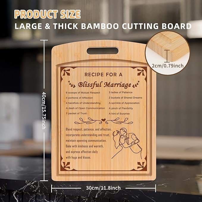 Joeyan Cutting Boards Wood Engraved Marriage Recipe Present for Wedding Engagement New Couples 2025 Bride Groom Bridal Shower Registry Anniversary Newlyweds Mr Mrs with Gift Box Double Side Grooves