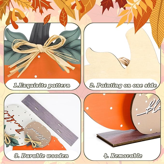 Soaoo Fall Pumpkin Table Decorations Wooden Thankful Blessed Centerpiece Autumn Grateful Tabletop Decor Farmhouse Harvest Pumpkin Block Signs for Party Rustic Table Shelf Decor Home(Vintage)