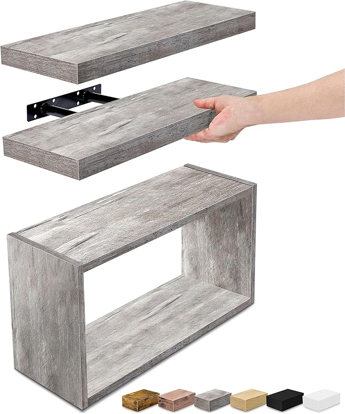 Sorbus Floating Shelves for Wall Set of 3 - Bathroom Shelves for Wall Storage, Over Toilet, Bedroom, Farmhouse, Decor - 2 Floating Shelves with Invisible Brackets & 1 Rectangular Box, Grey