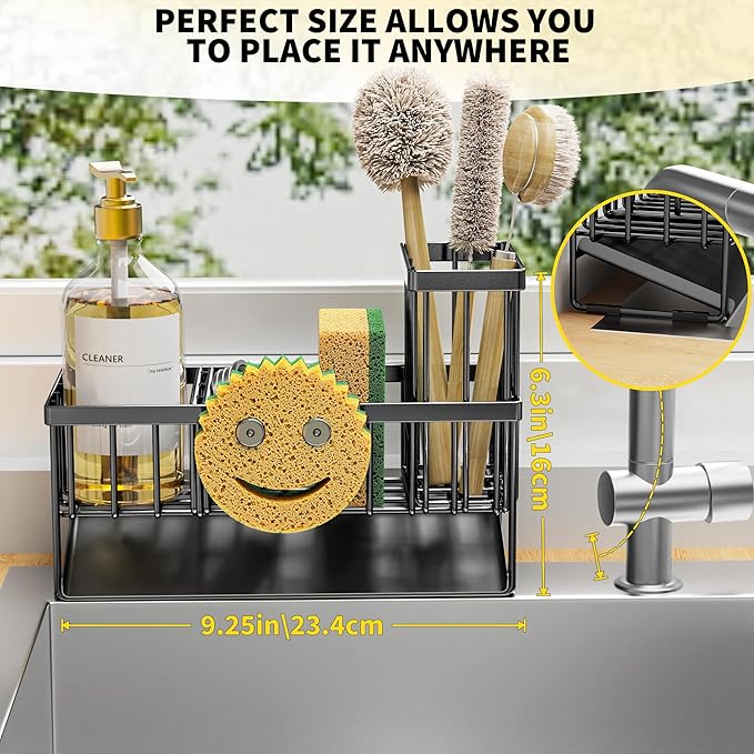 Cisily Sink Caddy With Smiley Face Sponge Holder, 304 Stainless Steel Rustproof(Black)