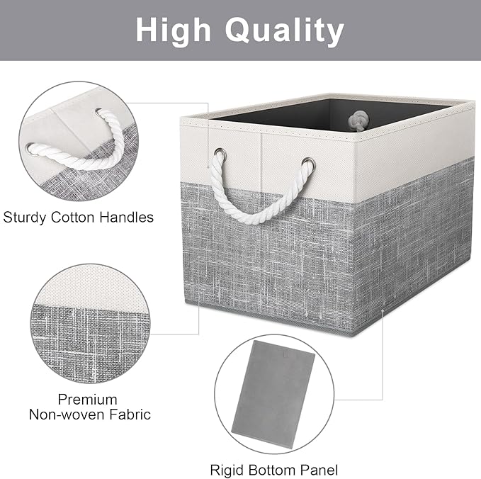 Fab totes Storage Bins [8-Pack], Foldable Storage Baskets for Organizing Toys, Books, Shelves, Closet, Large Storage Box with Rope Handles, Sturdy Organizer Bins, White & Grey