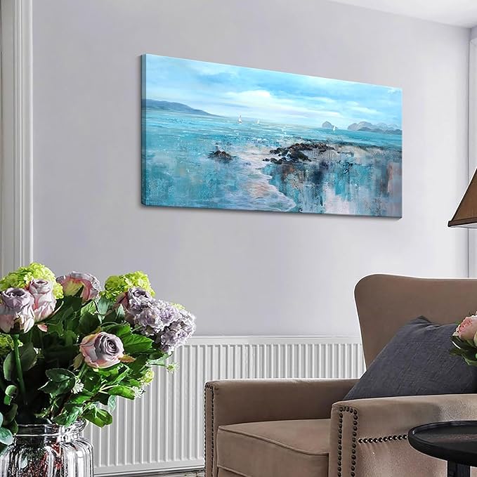 YCPRIMER Large Beach Wall Art for Living Room Coastal Picture for Bed Room Ocean Landscape Canvas Art Wall Decor Blue Seaside Painting Artwork for Home Bedroom Office Decoration