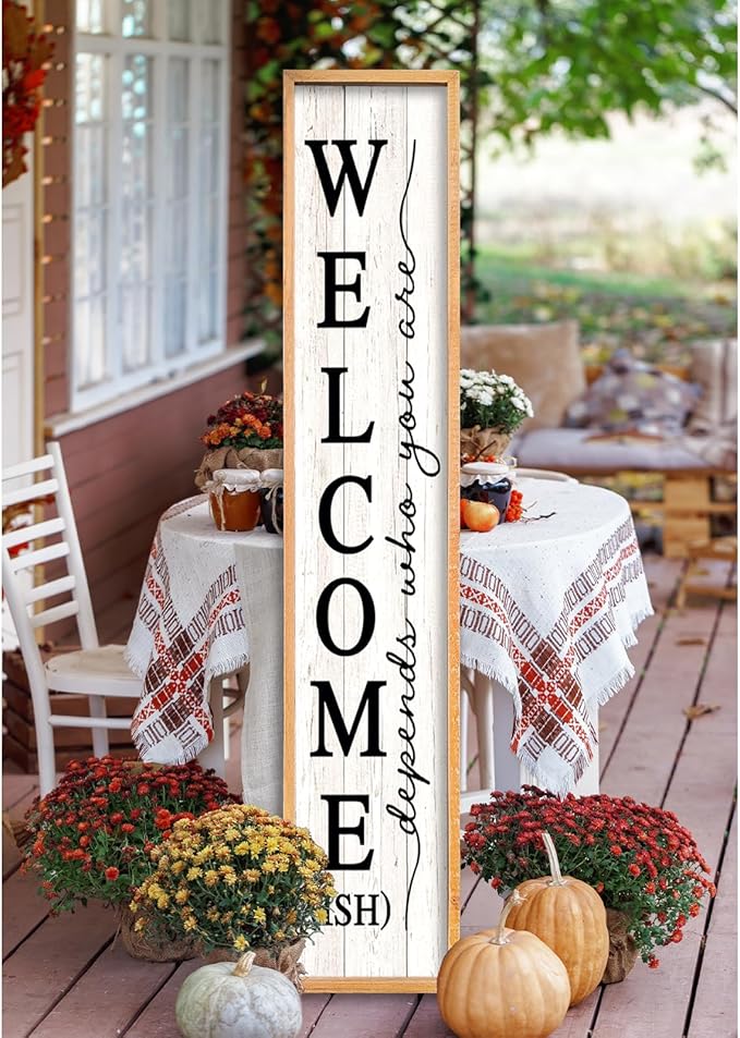 Welcome-ish Sign for Front Porch Standing 45"X9" Large Farmhouse Outdoor Wood Framed Home Vertical Tall Funny Large Welcome Sign For Rustic Modern Outside Front Door Wall Decor (Wood White)
