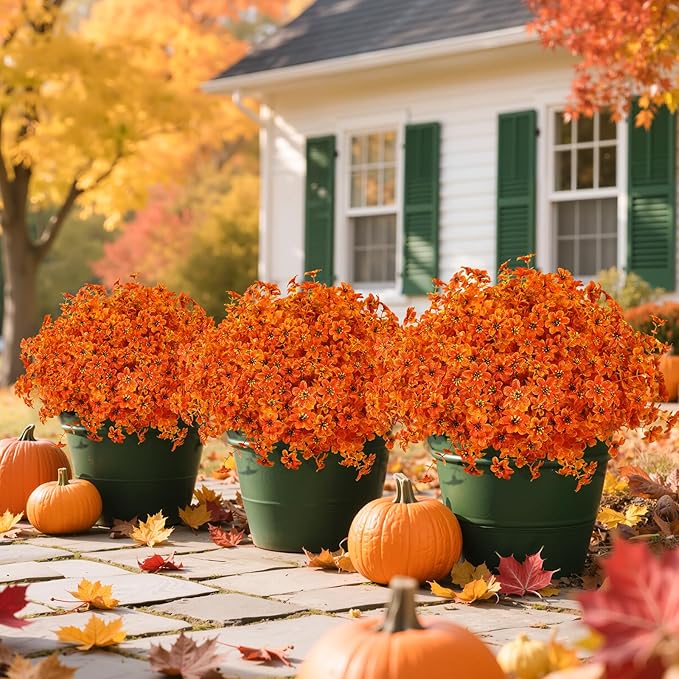 SHareconn 40 Bundles Artificial Fall Flowers for Outdoors Decoration, Fake Silk Daisy Realistic Faux Plants UV Resistant for Planter Home Porch Patio Autumn Indoor Outside Decor, Sunset Red Orange