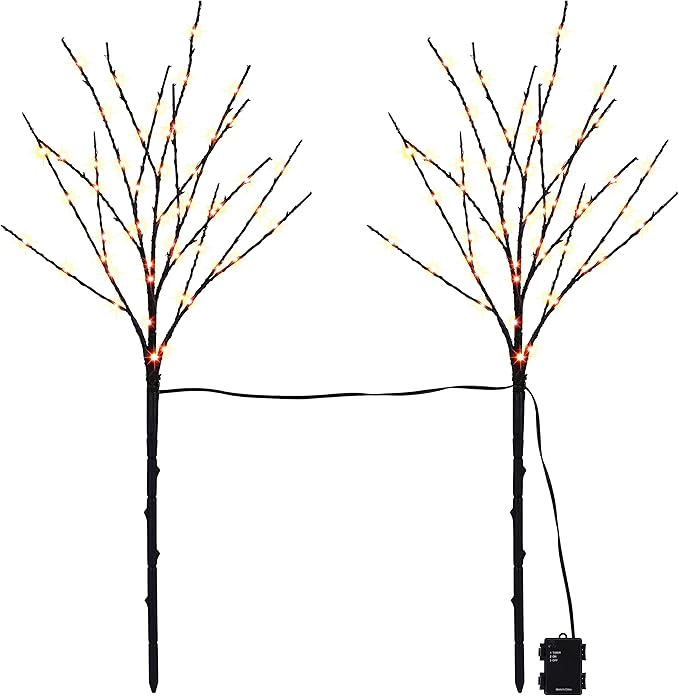 Lighted Halloween Tree Branches, 30IN 100LED Artificial Black Twig Branch with Orange Fairy Lights, Built-in Timer & Battery Operated, Waterproof for Indoor Outdoor Office Bedroom Party Decorations