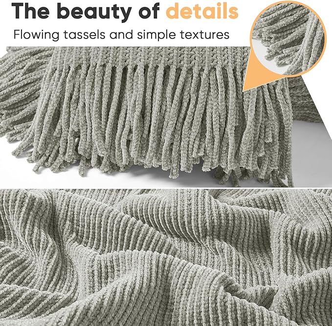 inhand Knitted Throw Blanket for Couch Bed,Chunky Chenille Woven Soft Blankets with Tassels, Cozy Boho Farmhouse Fall Winter Decor,Warm for Women,60"x80",Extra Thick-Light Grey