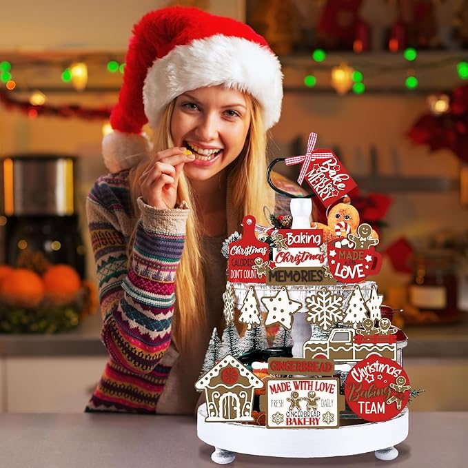 17 Pcs Christmas Tiered Tray Decor Set Winter Tiered Tray Decorations Farmhouse Tabletop Centerpiece Christmas Wooden 3D Sign for Xmas Home Buffalo Plaid Rustic Table Decoration(Lively)