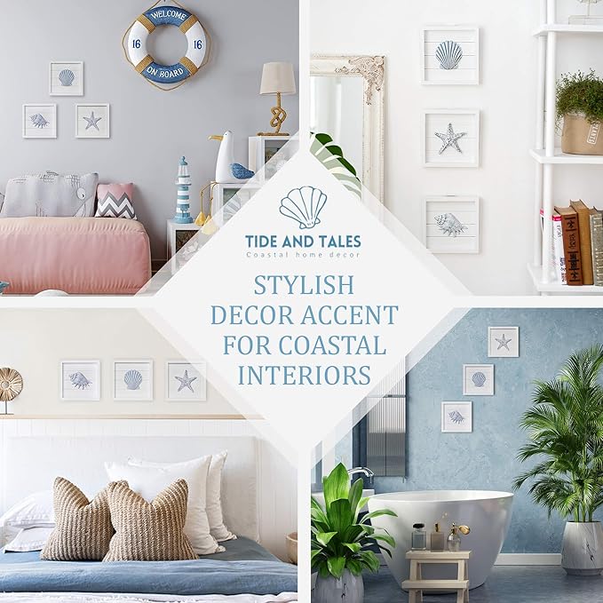 TideAndTales Blue Seashells and Starfish (Framed Set of 3) Coastal 3D Wall Art, Beach Wall Decor for Bathroom or Coastal Bedroom, Ocean Inspired Seaside Decorations for Home or Beach House (7"x7")