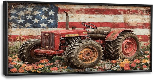Framed Large Wall Art for Living Room, Farmhouse Tractors Canvas Wall Decor, Large Rustic Country Wildflowers Pictures Framed Painting, Natural Landscape Artwork for Bedroom Office Home Decor 60L'' × 30W''