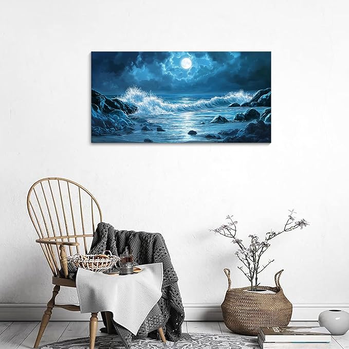 CHATYOUNG Blue Ocean Waves Landscape Wall Art, Beach Moon Sea Waves Night View Modern Canvas Wall Painting for Living Room Bedroom Office Bathroom Birthday Gift Home Decor 20x40 In