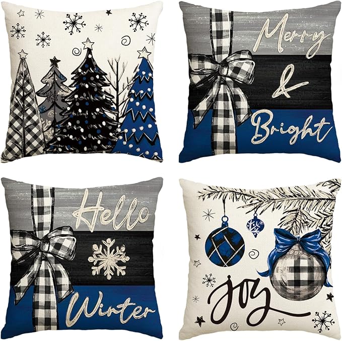 AVOIN colorlife Merry Christmas Joy Xmas Trees Blue and Black Throw Pillow Covers, 16 x 16 Inch Christmas Winter Holiday Cushion Case Decoration for Sofa Couch Set of 4