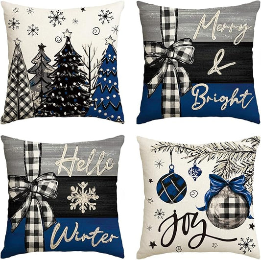 AVOIN colorlife Merry Christmas Joy Xmas Trees Blue and Black Throw Pillow Covers, 16 x 16 Inch Christmas Winter Holiday Cushion Case Decoration for Sofa Couch Set of 4