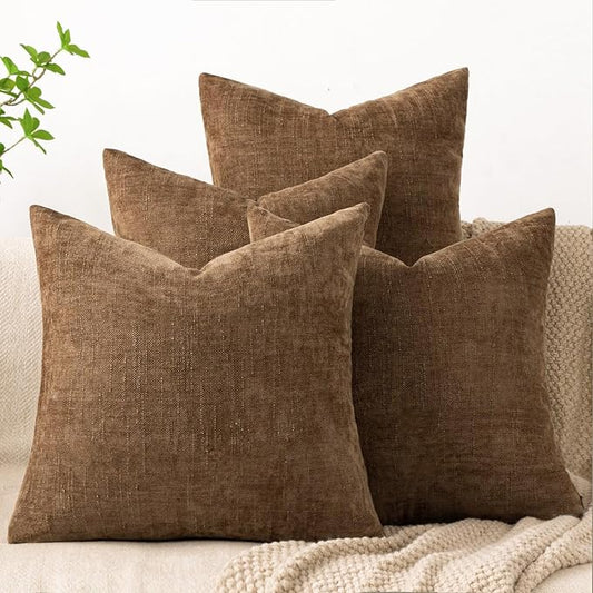 Set of 4 Soft Textured Decorative Throw Pillow Covers 18x18 Inch Cozy Farmhouse Cushion Cover Square Accent Pillow Cases for Bed Couch Sofa Living Room, Brown