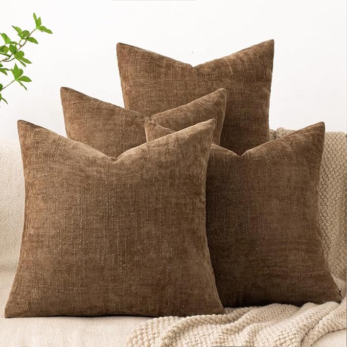 Set of 4 Soft Textured Decorative Throw Pillow Covers 22x22 Inch Cozy Farmhouse Cushion Cover Square Accent Pillow Cases for Bed Couch Sofa Living Room, Brown