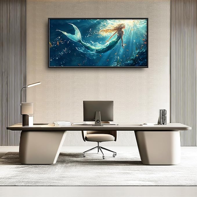 Framed Large Wall Art for Living Room, Beach Mermaid Canvas Wall Decor, Large Ocean Picture Framed Painting, Modern Artwork for Bedroom Office 60L'' × 30W''