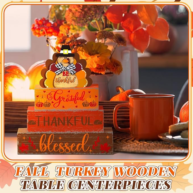 Geelin 4 Pcs Fall Turkey Table Decorations Thanksgiving Turkey Wooden Signs Rustic Harvest Tiered Tray Decor Tabletop Centerpieces Farmhouse Decor for Home Desk Room Kitchen Shelf