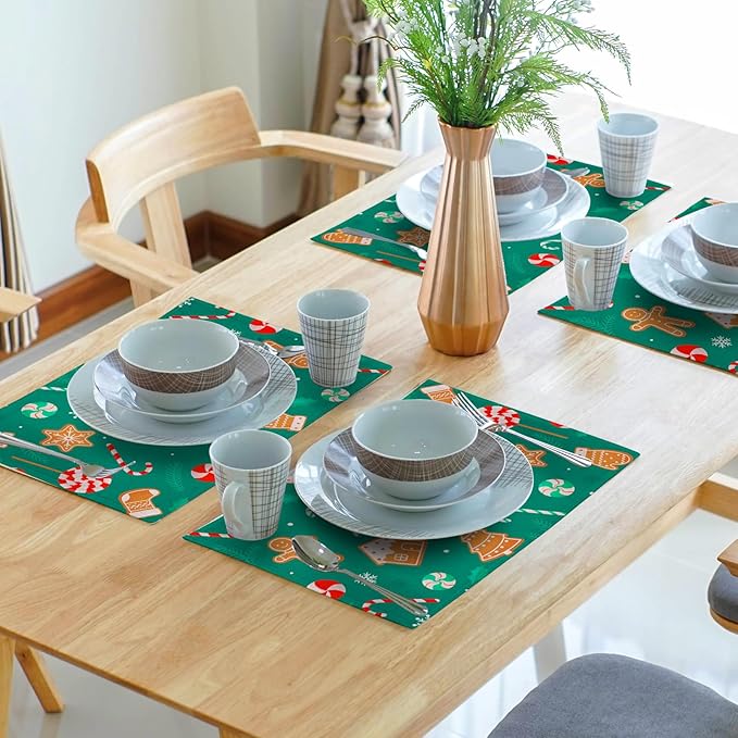 Gingerbread Placemats 12×18 Inches Set of 4 Holiday Green Indoor Kitchen Dining Table Place Mats for Home Party Decoration