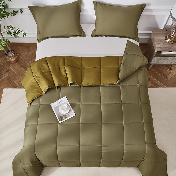 HIG 3pc Dark Olive Queen Size Comforter Set - All Season Reversible Down Alternative Comforter with Two Shams - Quilted Duvet Insert with Corner Tabs - Box Stitched Blanket - Breathable, Soft, Fluffy