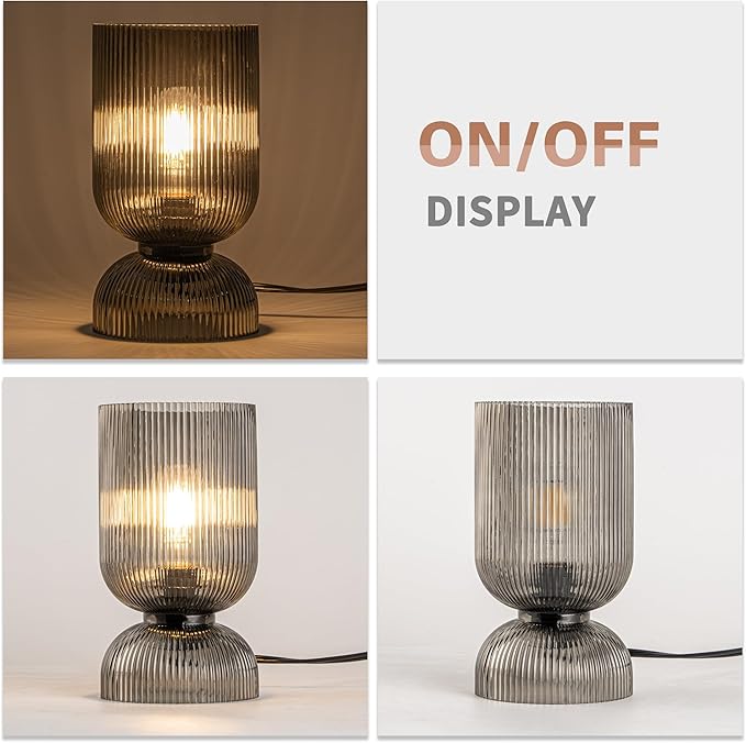 Modern Table Lamp,Glass Mid Century Lamp with Smoky Gray Glass Shade, Bedside Lamp with On/Off Switch, Minimalist Nightstand Lamp for Bedroom, Living Room, Office (Bulb not Included)