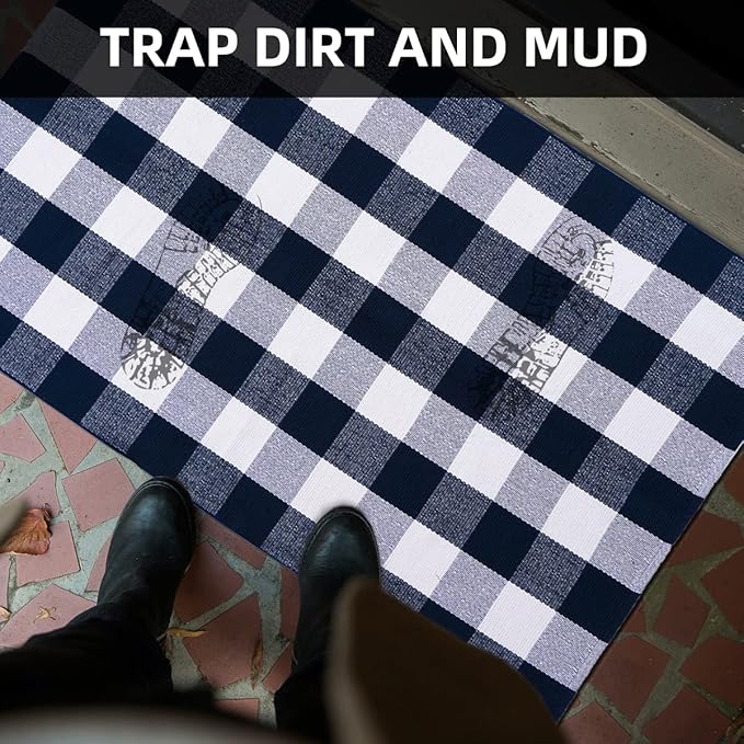 SEEKSEE Cotton Buffalo Plaid Rug 3'x5' Navy Blue and White Checked Rug Washable Doormats Indoor Outdoor Rugs for Layered Front Door Mats, Porch, Kitchen, Farmhouse, Entryway