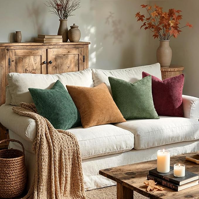 MIULEE Christmas Pack of 4 Couch Throw Pillow Covers 18x18 Inch Christmas Dark Green Soft Decorative Chenille Pillow Covers Farmhouse Accent Cushion Cover for Boho Home Decor Sofa Bedroom Living Room