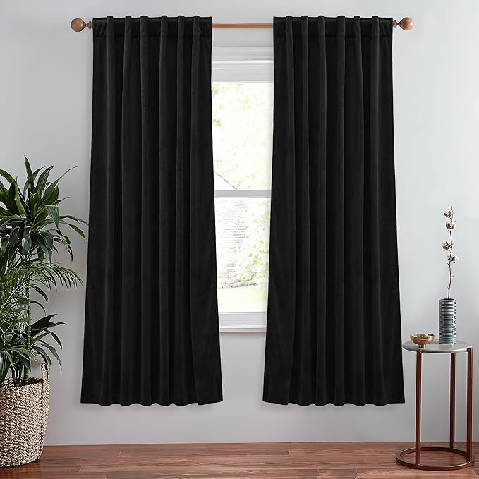 StangH Blackout Velvet Curtains 72 inches Long, Thick Black Window Curtains for Kitchen/Office, Thermal Insulation Privacy Protection for Home Theater/Doorway, W52 x L72, 2 Panels