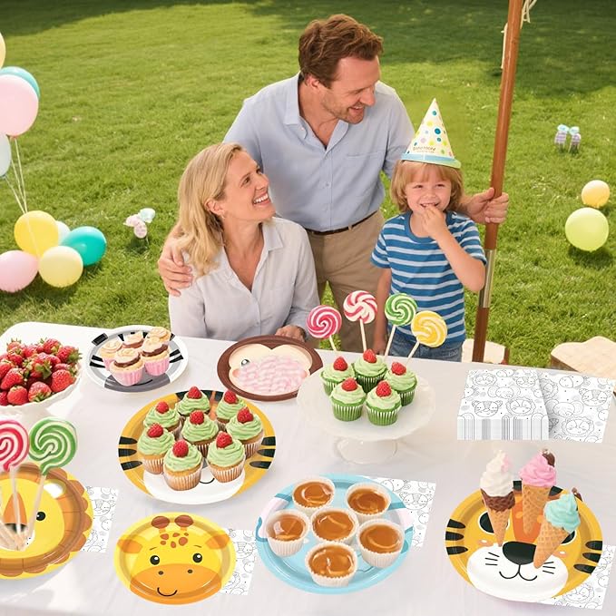 180Pcs Jungle Wild Animal Paper Plates Party Supplies Zoo Animal Paper Plates and Napkins Serve 60 Disposable Tableware Set for Birthday Party Decorations Game Day Family School Holiday Sports Events