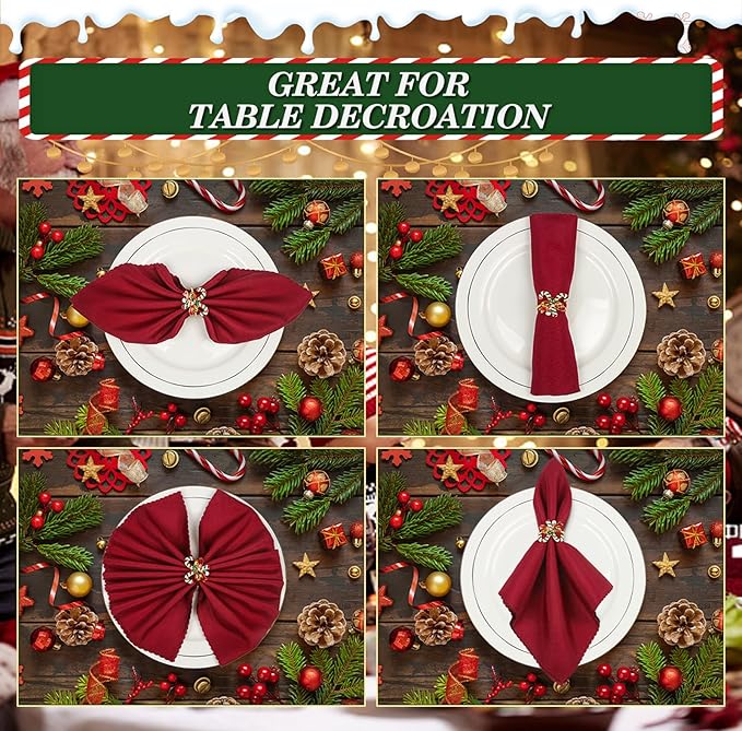 KPOSIYA 24pcs Christmas Napkin Rings Set of 12 and 12pcs Red Napkins Cloth, Metal Xmas Napkin Ring Holders for Winter Christmas Holiday Dinner Party Table Decoration