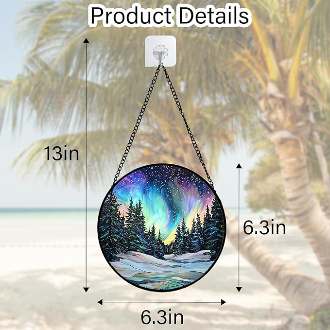 Stained Glass Window Hanging, Aurora Landscape Sun Catchers Glass Panel Green Trees Suncatcher Decor for Birthday for Women, Men, Wife, Aunt, and Mom 6.3 in