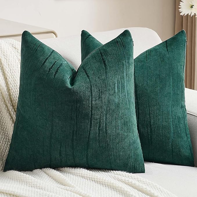 FUTEI Dark Green Chenille Decorative Throw Pillow Covers 16x16 Inch Set of 2,Soft Embossed Striped Textured Cushion Case,Modern Home Decor for Couch Bed Living Room