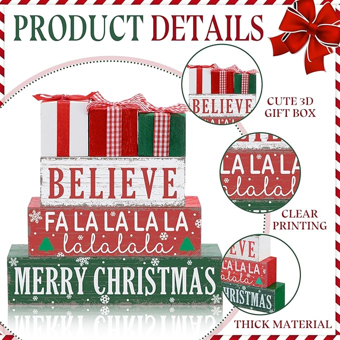 Geelin 4 Pieces Merry Christmas Wooden Table Decorations Xmas Present Box Wooden Signs Rustic Christmas Tiered Tray Decor Xmas Believe Tabletop Centerpieces for Home Desk Room Kitchen Shelf
