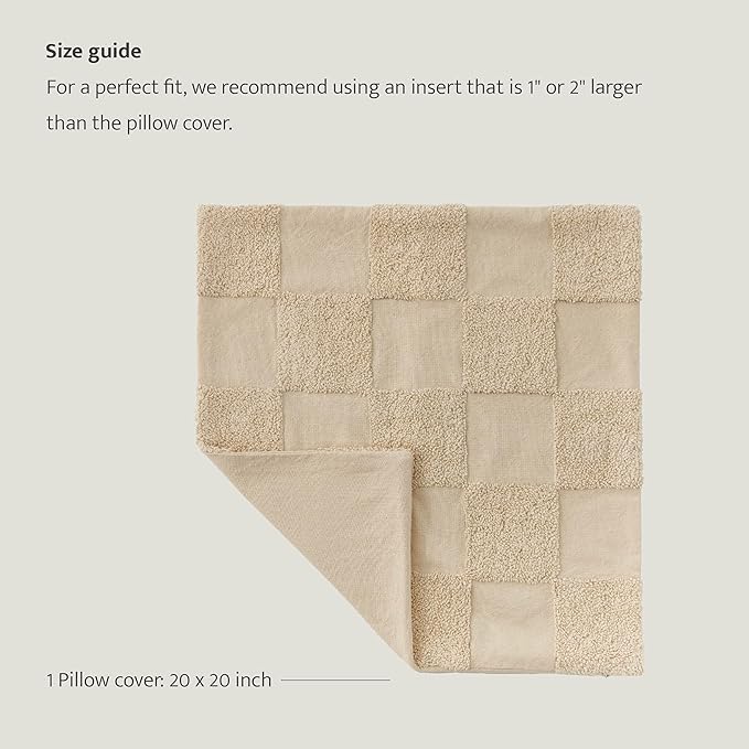 Double Stitch Checkered Throw Pillow Covers - 100% Cotton Tufted Boho Decorative Pillow Covers 20x20, Made in India, Square Plaid Cushion Case, Modern Home Decor for Couch, Sofa, Living Room, Oat