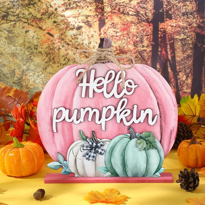 Soaoo Fall Decoration Wooden Fall Hello Pumpkin Sign Autumn Pumpkin Table Decor 11 Inch Wooden Autumn Desktop Ornament for Farmhouse Home Living Room Harvest Day Thanksgiving Decor(Pink,Lovely)