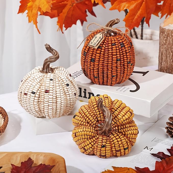 Briful 3PCS Fall Decorative Corn Pumpkin Set – Resin Harvest Pumpkins Fake Corn Pumpkins for Thanksgiving Table Centerpiece Autumn Tiered Tray Indoor Outdoor Fall Decoration