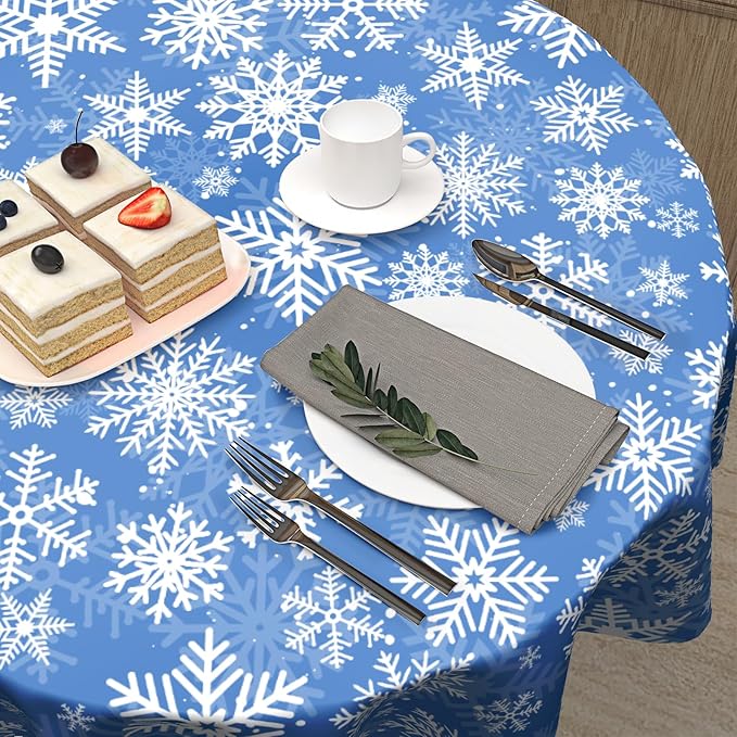 Winter Blue Snowflakes Round Tablecloth Blue and White Round Christmas Table Cover 60 Inch Washable Xmas Holiday Table Cloth for Home Kitchen Dining Room Patio Picnic Party Indoor Outdoor Decor