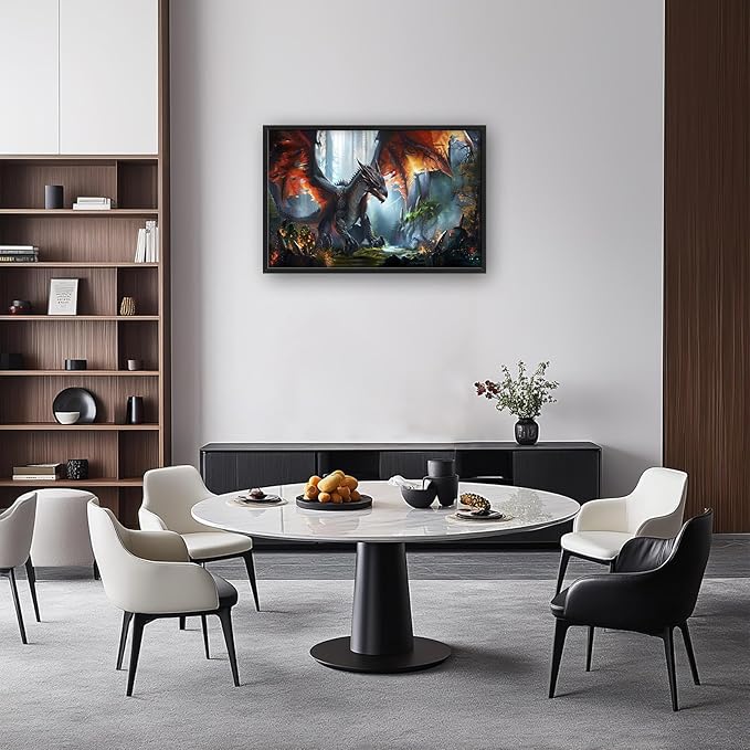 Dragon Large Framed Wall Art Western Fire Dragon Pictures Oversized Wall Decor Cool Animal Canvas Print Painting Aesthetic Modern Artwork for Living Room Bedroom Office Bathroom Home Decor 36L x24W