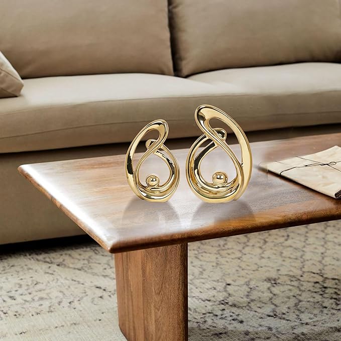 2 Pcs Gold Home Decor Accent Ceramic Statue Table Sculpture Decorations Abstract Art Mid Century Modern Centerpiece for Dining Room Living Room Bedroom Shelf Office Coffee Table Golden Decor