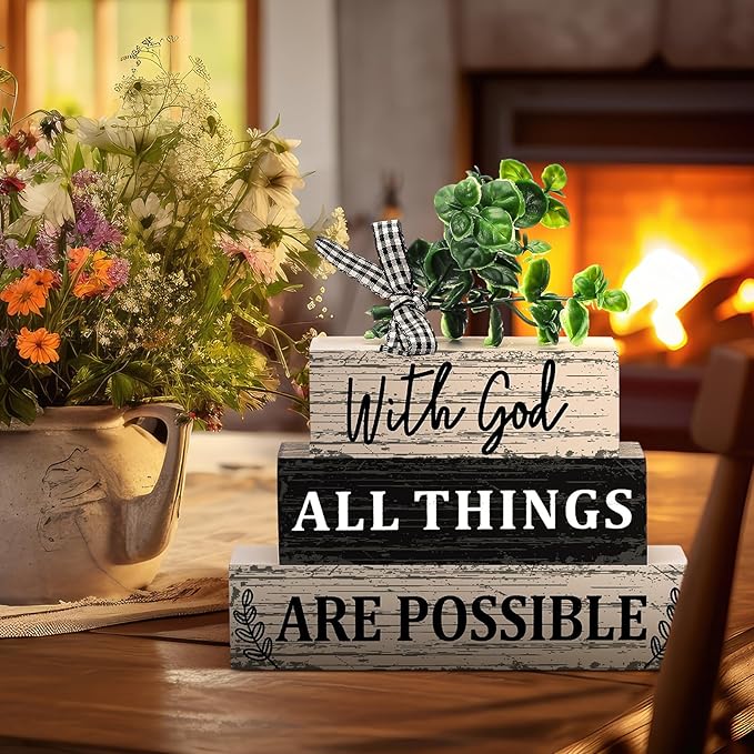 Geelin 4 Pcs Christian Wooden Sign Farmhouse Rustic Eucalyptus Leaves Wood Block Sign Table Centerpiece Religious Tiered Tray Decor Centerpiece Decor for Home Summer