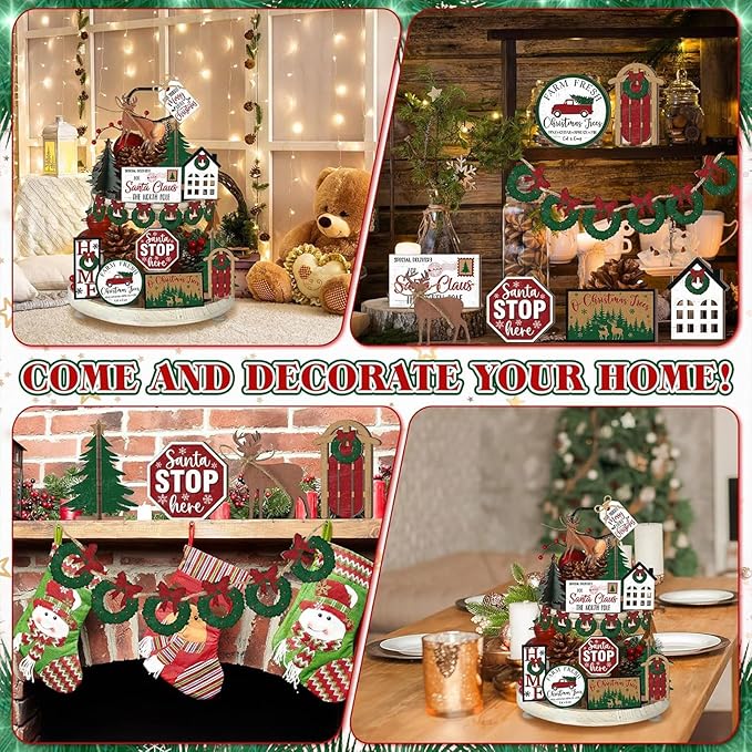 17 Pcs Christmas Tiered Tray Decor Set Winter Tiered Tray Decorations Farmhouse Tabletop Centerpiece Christmas Wooden 3D Sign for Xmas Home Buffalo Plaid Rustic Table Decoration(Fresh)