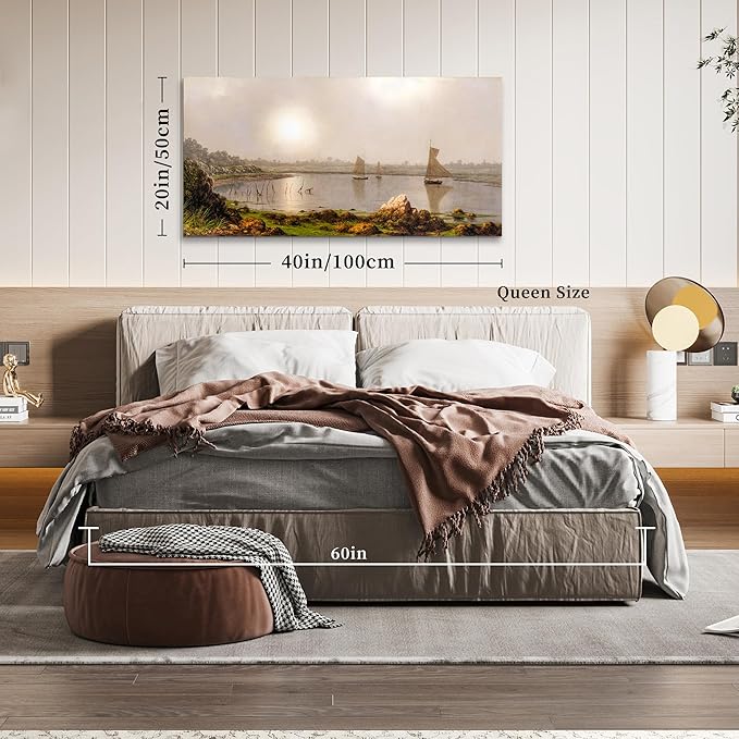 crmotu Large Canvas Wall Art, Harbor Landscape Vintage Art Prints, Coastal Sun Sailboat Scenery Nature Pictures, Retro Nautical Paintings Wall Decor Living Room Bedroom Bathroom Office Decor 20"X40"