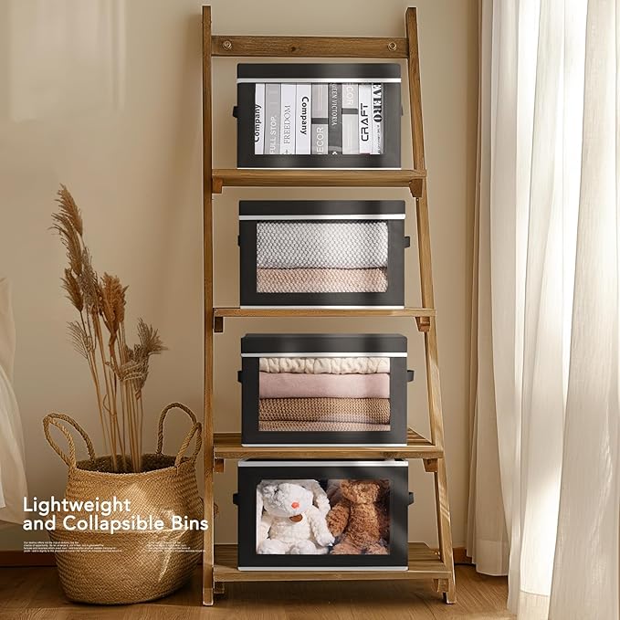 Storage Boxes with Lids - 5 Pack Foldable Clear Window Storage Bins, Large Decorative Storage Bins with Handles, Storage Containers for Clothes, Towel, Blanket, Sheet, Black