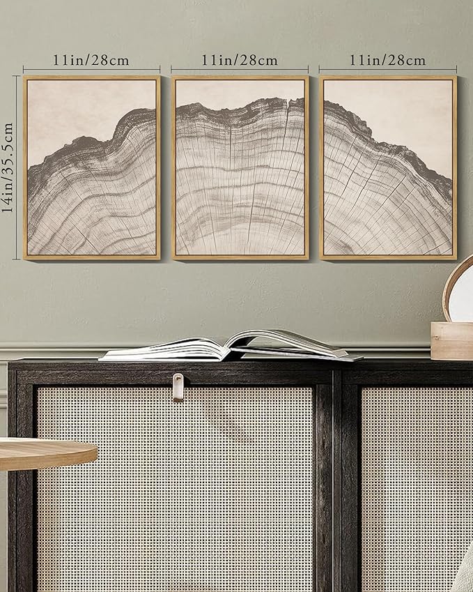 KUVIOKE Boho Vintage Antique Tree Wall Art Framed Neutral Retro Tree Rings Wood Prints Rustic Nature Illustrations Bedroom Living Room 11x14in (Natural Framed)