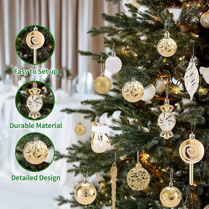 130 Pcs Christmas Ball Ornaments, Christmas Tree Decoration Set Golden Christmas Ball Shatterproof Hanging Ornament Decorations for Christmas Tree, Wreaths, and Outdoor Displays (Golden)