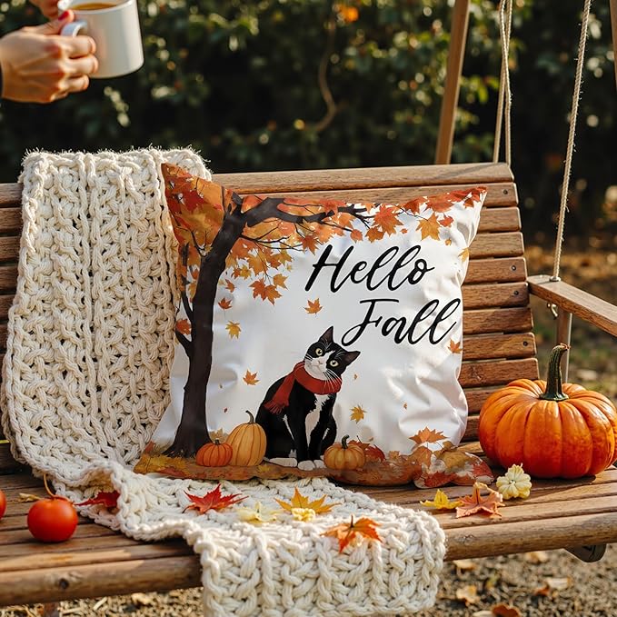 Fall Cat Pillow Covers 18x18, Cat Lover Gifts Home Room Decor, Fall Autumn Maple Leaves Pumpkin Cute Kitty Kitten Decorative Throw Pillow Covers for Home Bedroom Living Room
