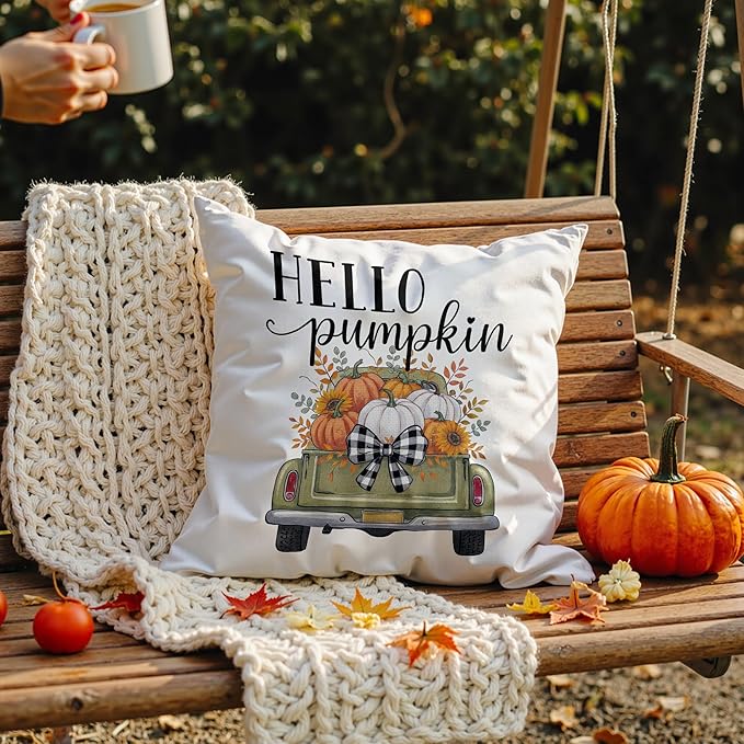 Fall Hello Pumpkin Pillow Covers 18x18, Farmhouse Country Cottage Autumn Decor, Fall Autumn Pumpkin Pickup Truck Decorative Throw Pillow Covers for Home Bedroom Living Room