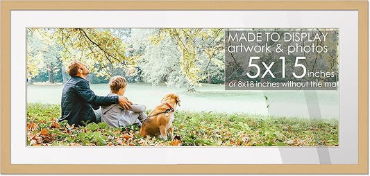 5x15 Natural Wood Picture Frame with White Mat | 8x18 Frame Matted to 5x15 | Display Your Picture Under UV Acrylic Shatter Guard Front, with Foam Board Backing and Wall Hanging Hardware - Wood Frame