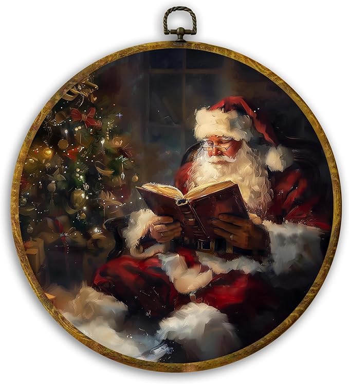 CUANFDDSF Vintage Christmas Santa Reading Round Wall Art Decor, Cozy Xmas Tree Santa Claus Holiday Wall Hanging Frame Decor, Winter Christmas Canvas Prints Decorations for Home Bedroom, 10x10 Inch